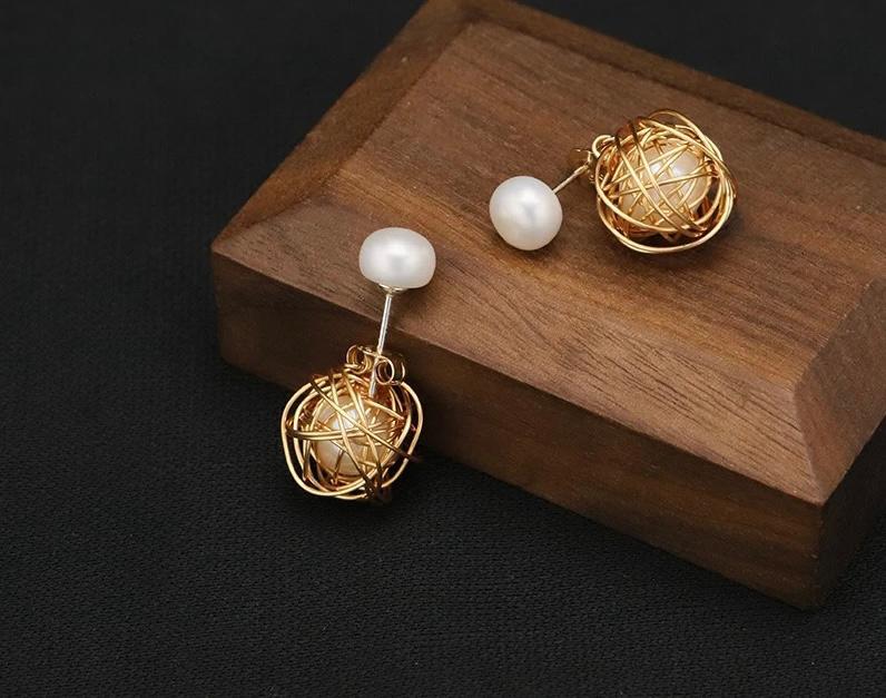 Miracle Heals Women's Golden Wireball Caged White Pearl Stud Earings