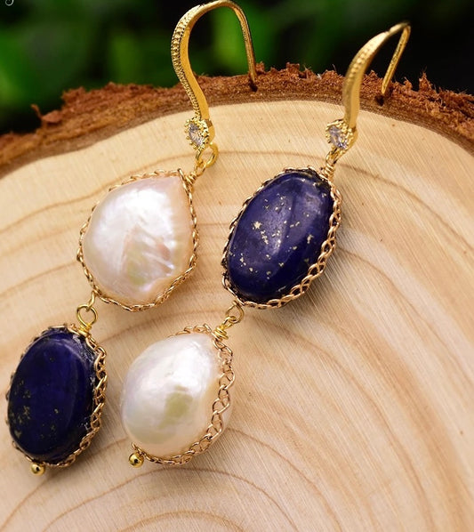 Natural Fresh Water Pearl Lapis Lazuli Dangle Drop Earrings For Women Girls Fashion Earings