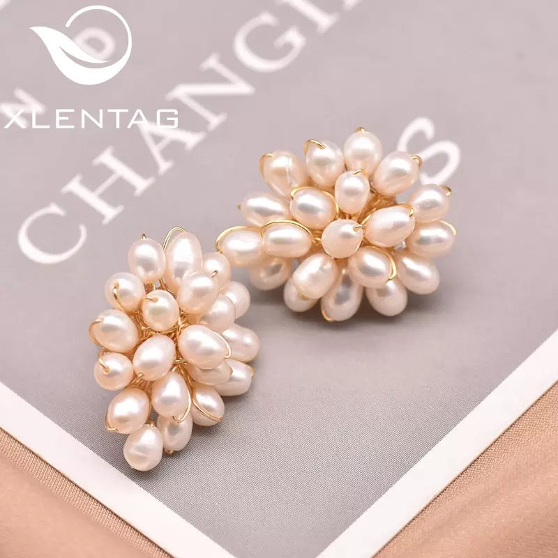 Natural Fresh Water White Pearl Handmade Cluster Stud Earrings For Women