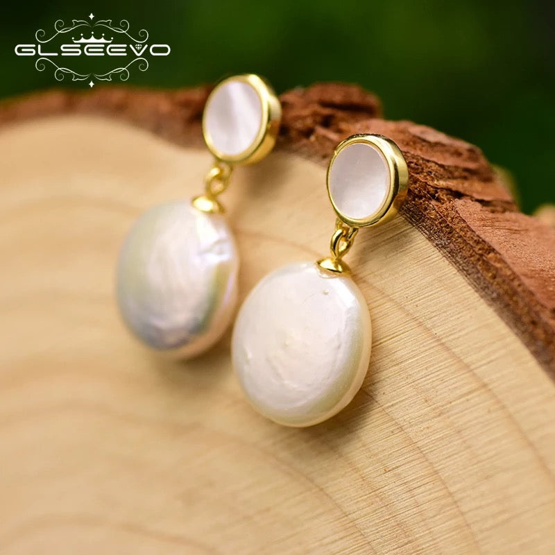 Designer Round Natural Baroque Fresh Water Pearls Shell Dangle Earrings For Women