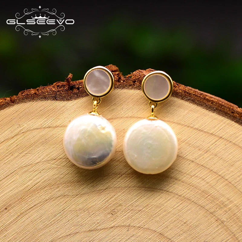 Designer Round Natural Baroque Fresh Water Pearls Shell Dangle Earrings For Women