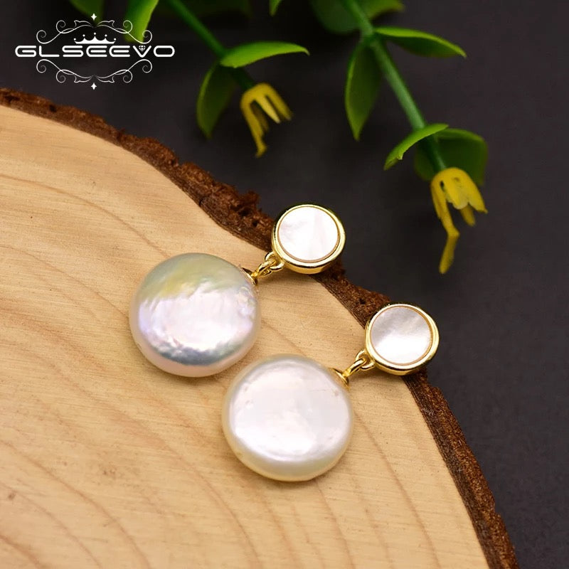 Designer Round Natural Baroque Fresh Water Pearls Shell Dangle Earrings For Women