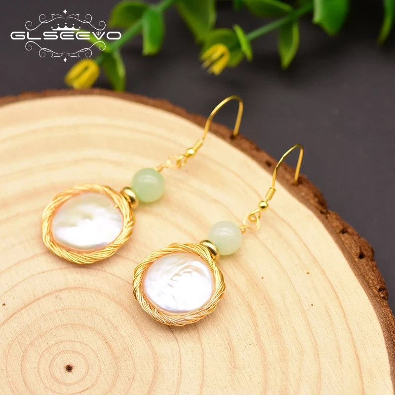 Flat Natural Fresh Water Pearl Dangle Earring For Women