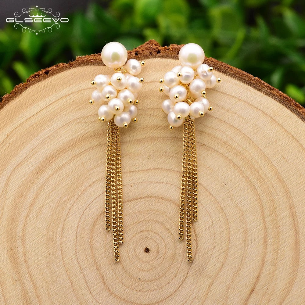 Natural Fresh Water Grape String Of Pearls Tassel Drop Earrings For Women