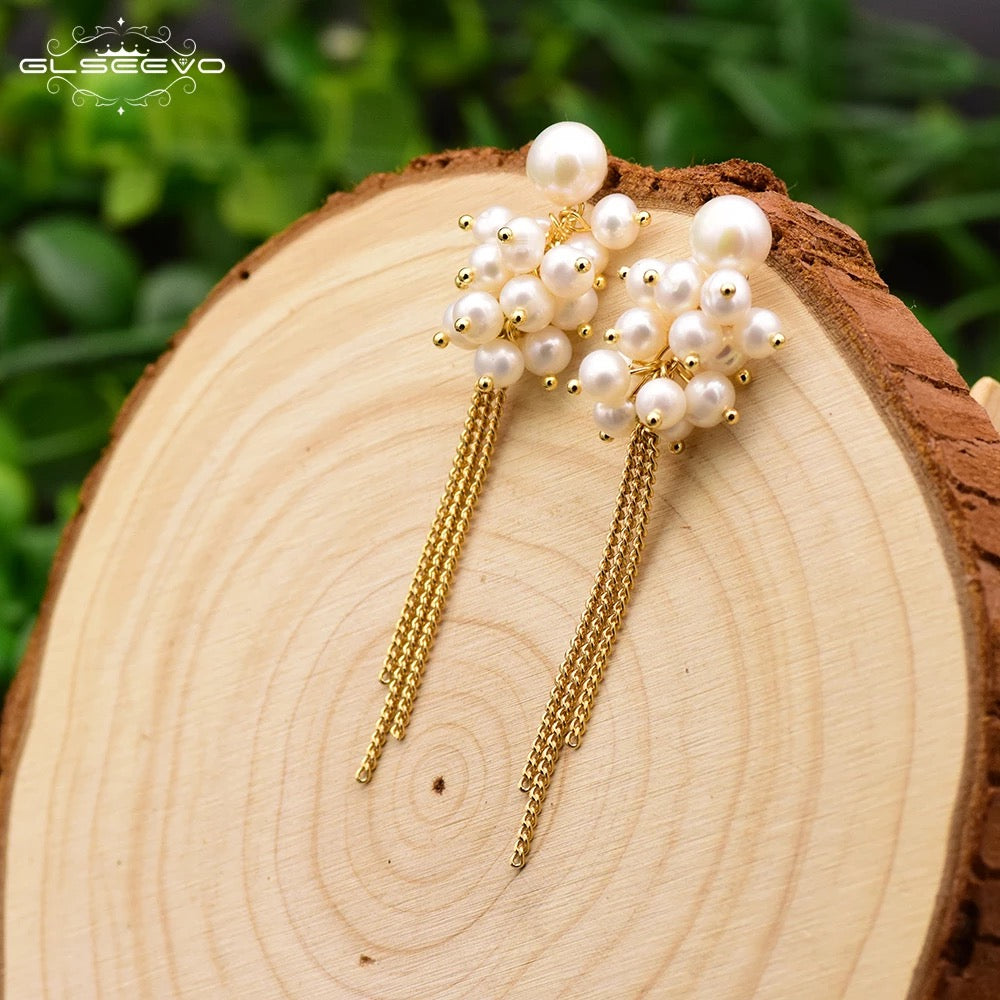 Natural Fresh Water Grape String Of Pearls Tassel Drop Earrings For Women