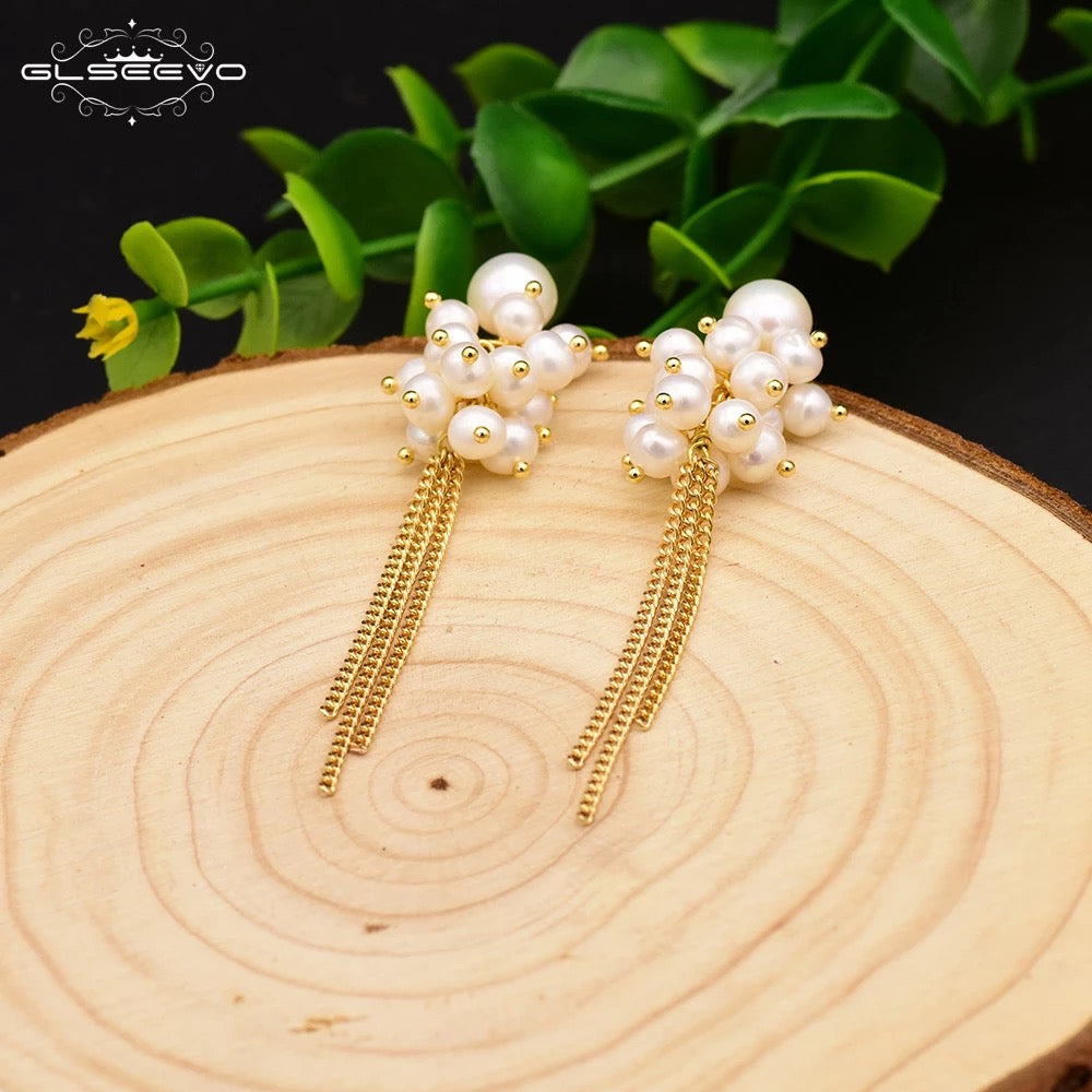 Natural Fresh Water Grape String Of Pearls Tassel Drop Earrings For Women