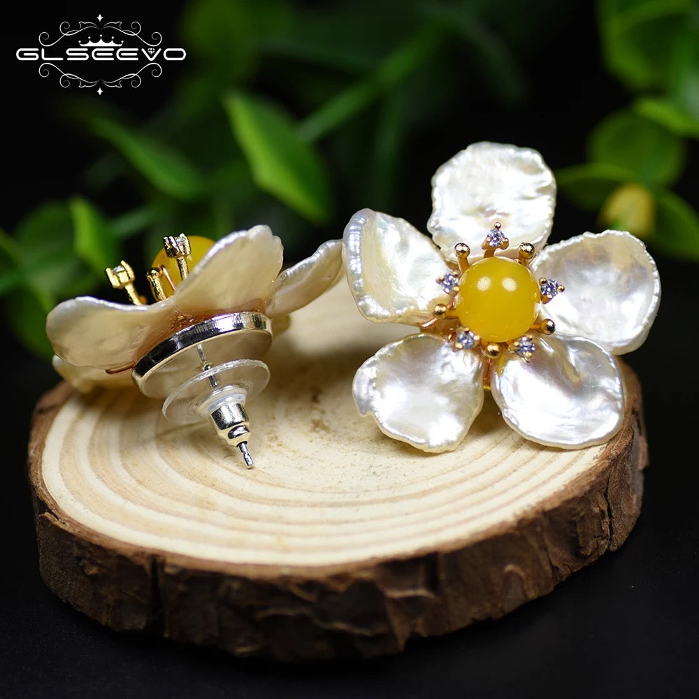 Beautiful Baroque Pearl Blossam Flower Stud Earrings