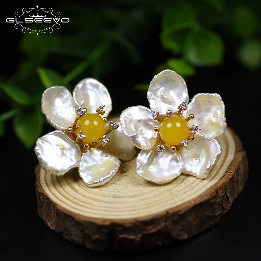 Beautiful Baroque Pearl Blossam Flower Stud Earrings