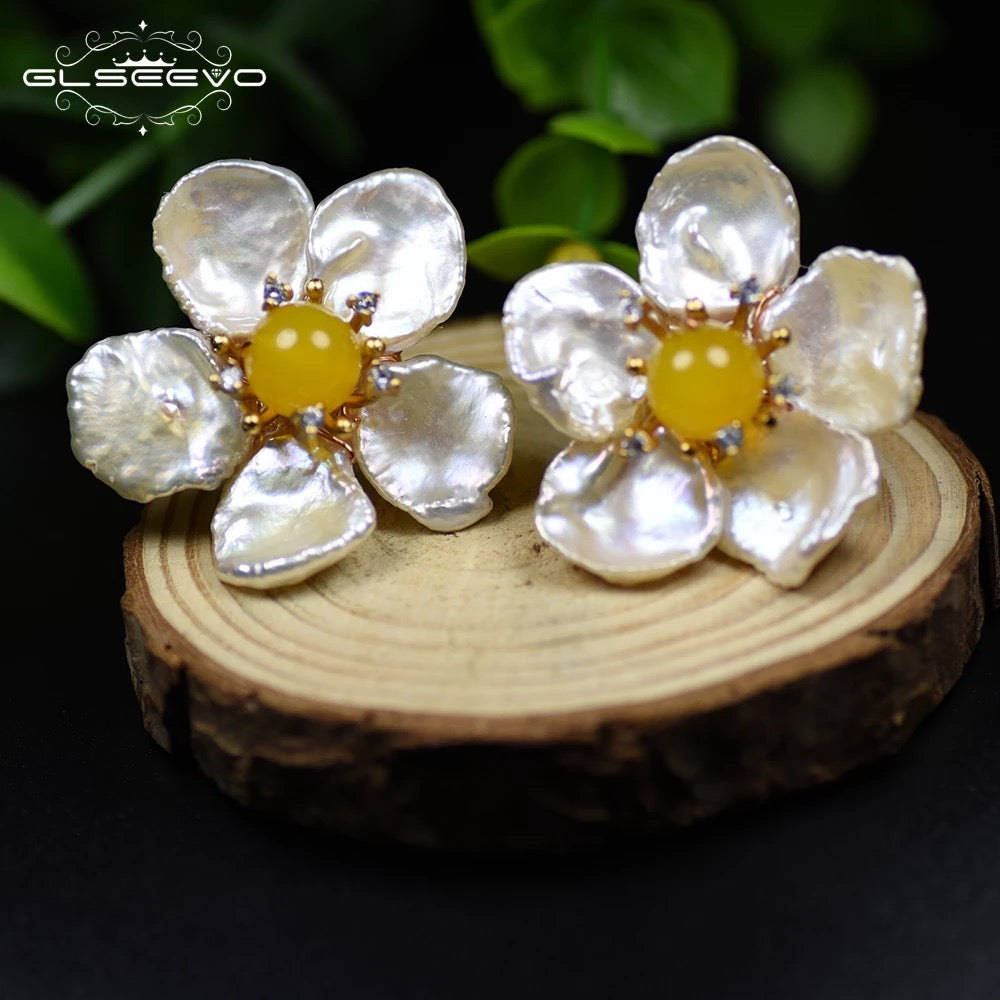 Beautiful Baroque Pearl Blossam Flower Stud Earrings