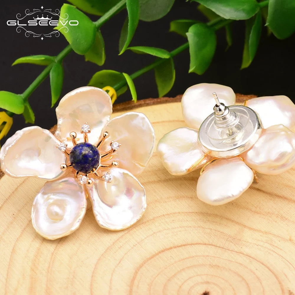 Natural Freshwater Petal Pearl And Lapis Lazuli Flower Stud Earing For Women