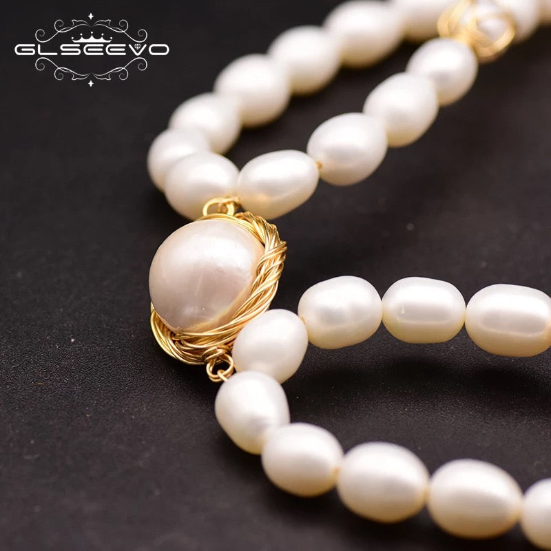 Handmade Natural Fresh Water Pearl Double Layer Choker Necklace For Women