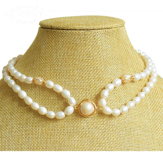 Handmade Natural Fresh Water Pearl Double Layer Choker Necklace For Women