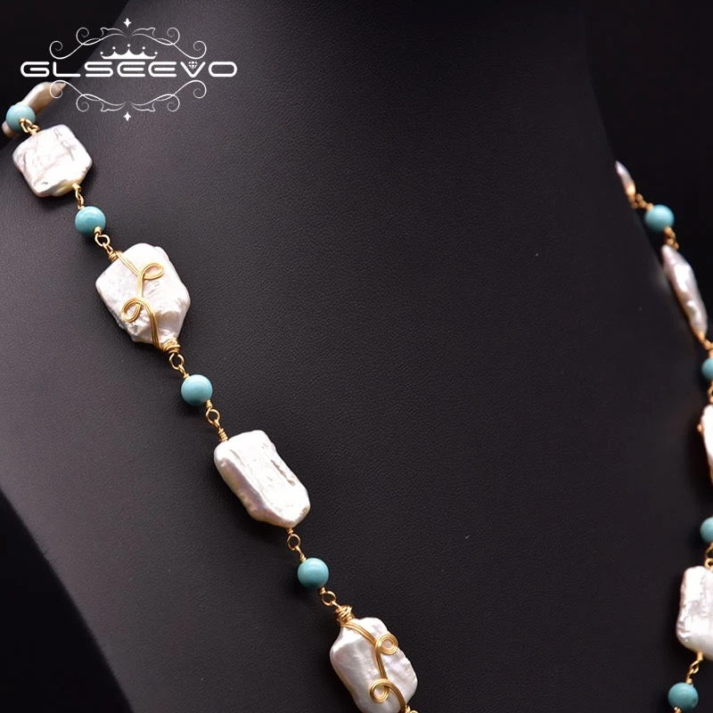 Handmade Natural Turquoise Baroque Square Pearl Tassel Set Necklace for Women