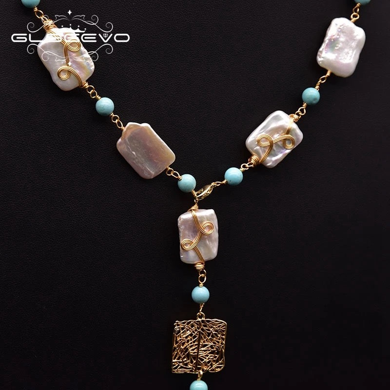 Handmade Natural Turquoise Baroque Square Pearl Tassel Set Necklace for Women