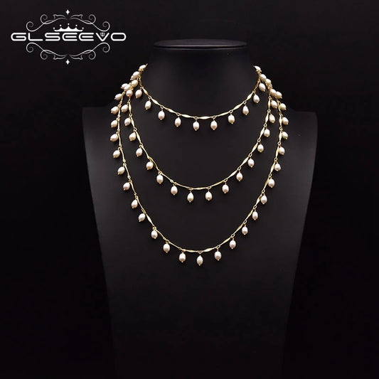 Natural Fresh Water Pearl Triple Layered Long Chain Necklace For Women