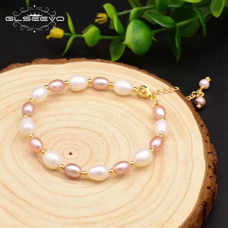 Natural Fresh Water Pink & White Pearl Adjustable Bracelet For Women Party Jewelry