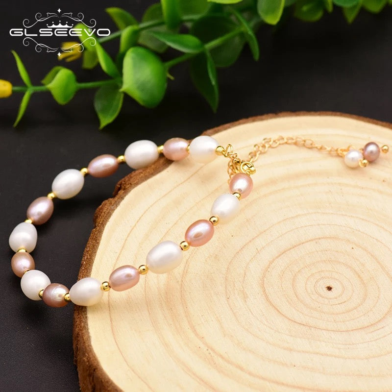 Natural Fresh Water Pink & White Pearl Adjustable Bracelet For Women Party Jewelry