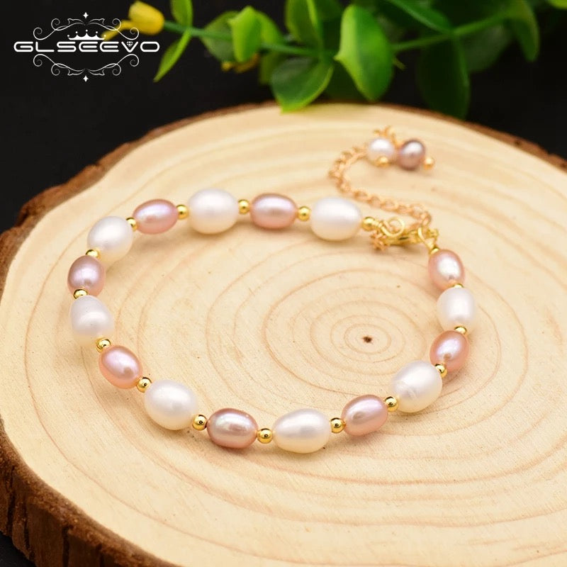 Natural Fresh Water Pink & White Pearl Adjustable Bracelet For Women Party Jewelry