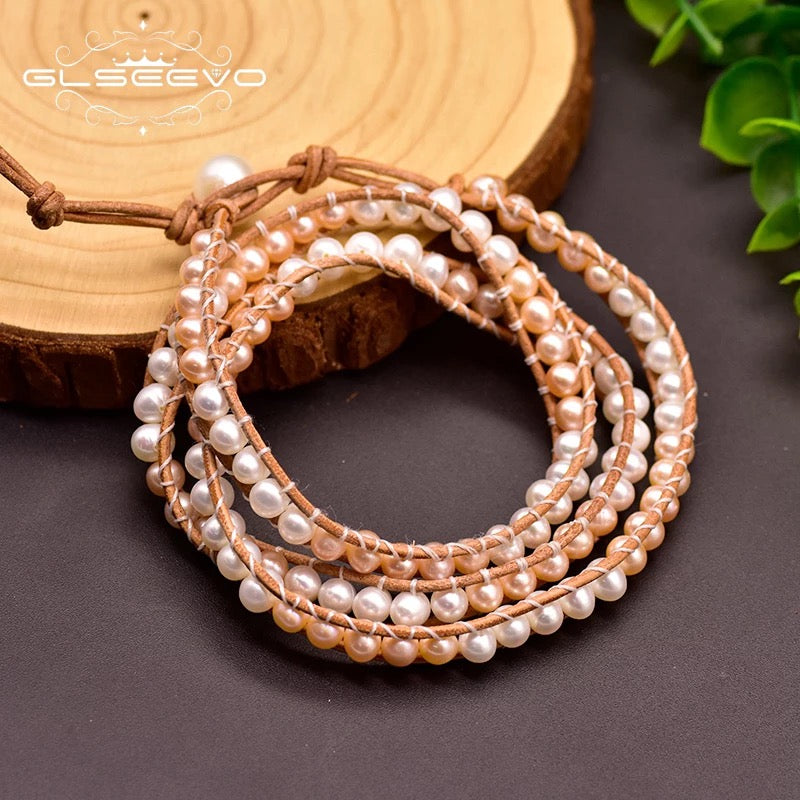 Leather Woven Natural Fresh Water White Pearl Bracelet For Women