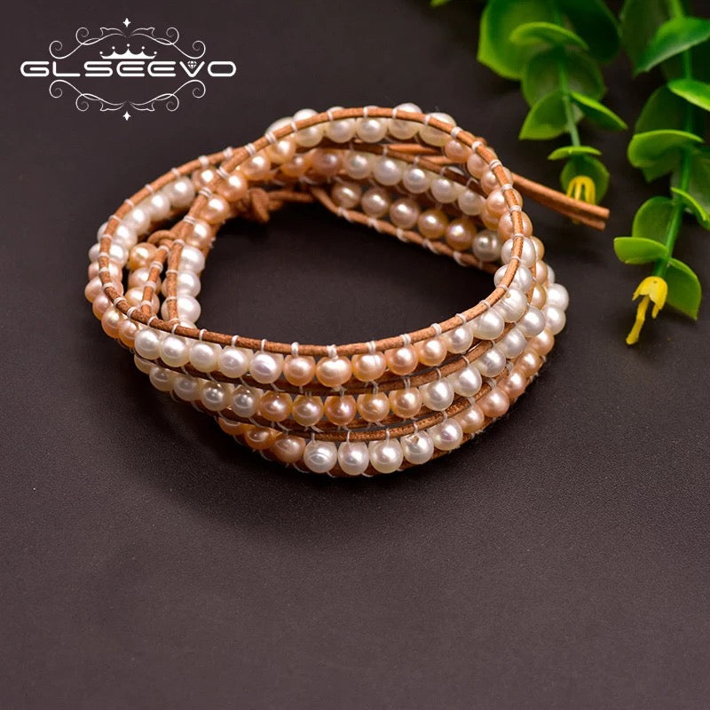 Leather Woven Natural Fresh Water White Pearl Bracelet For Women