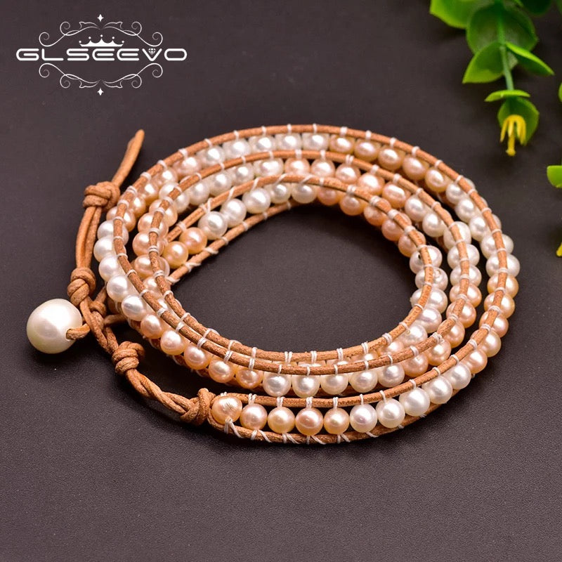 Leather Woven Natural Fresh Water White Pearl Bracelet For Women