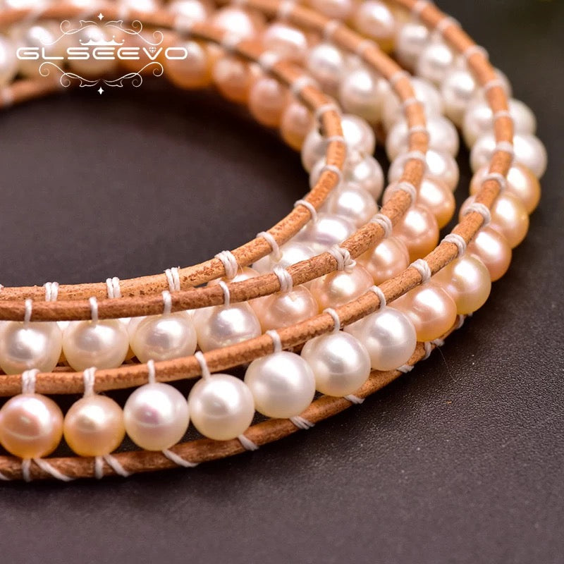 Leather Woven Natural Fresh Water White Pearl Bracelet For Women