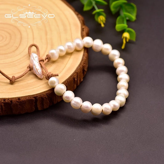 Elegant Natural Fresh Water White Pearl Leather Bracelet For Women