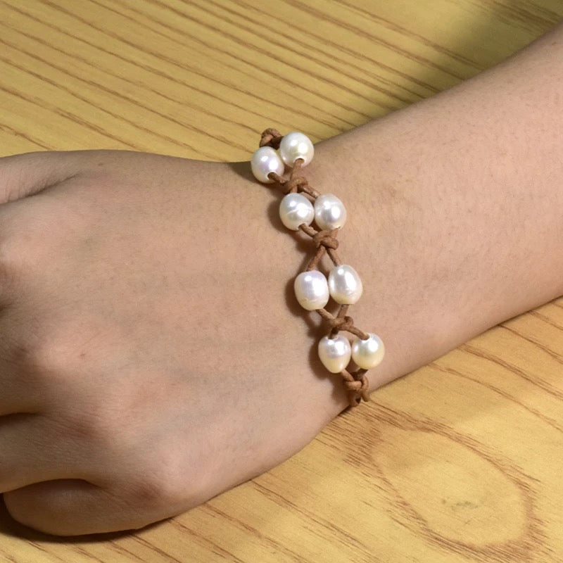 Baroque Real Fresh Water Pearl Leather Knot Bracelet For Women's