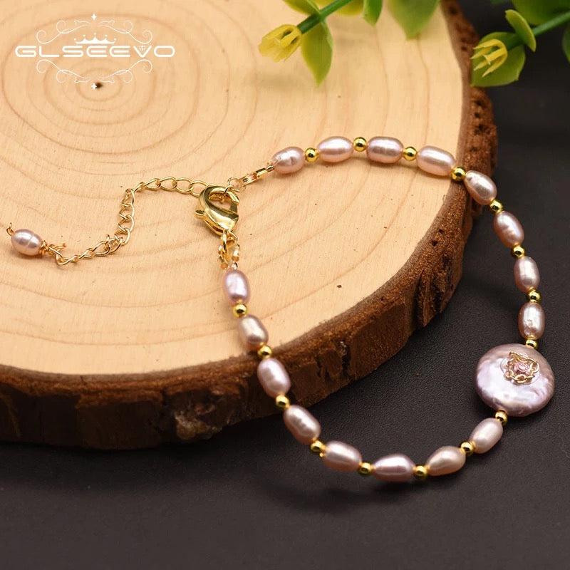 Beautiful Real Fresh Water Pink Pearl Adjustable Bracelet For Women's