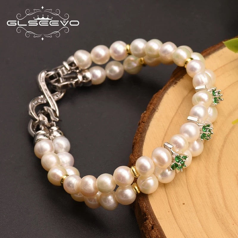 Trendy New Double Layer Ladies Freshwater Pearl Bracelet With Silver Lock