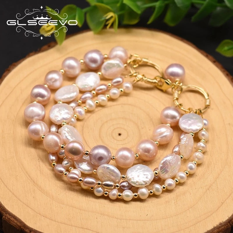 Ethnic Natural Fresh Water Baroque Pink Pearl Multilayered Bracelet For Women