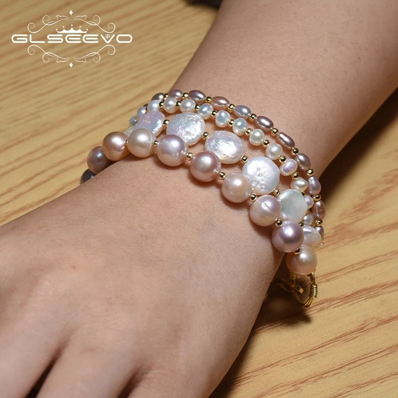 Ethnic Natural Fresh Water Baroque Pink Pearl Multilayered Bracelet For Women