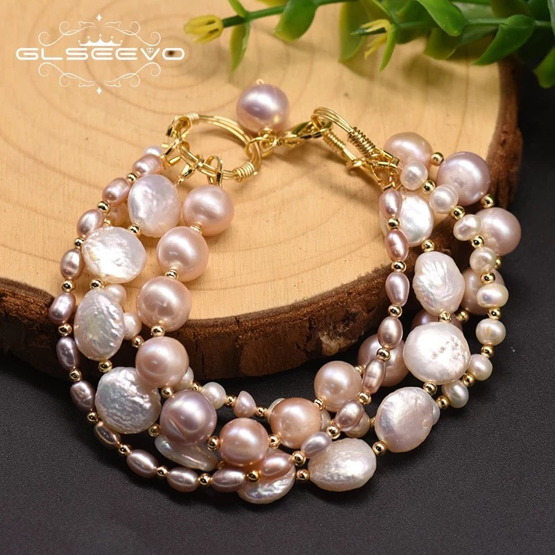 Ethnic Natural Fresh Water Baroque Pink Pearl Multilayered Bracelet For Women