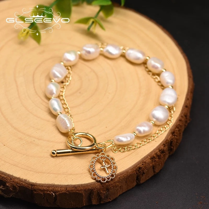 New Design Fashion Gold Plated OT Clasp Natural Baroque Pearl Bracelet For Women's