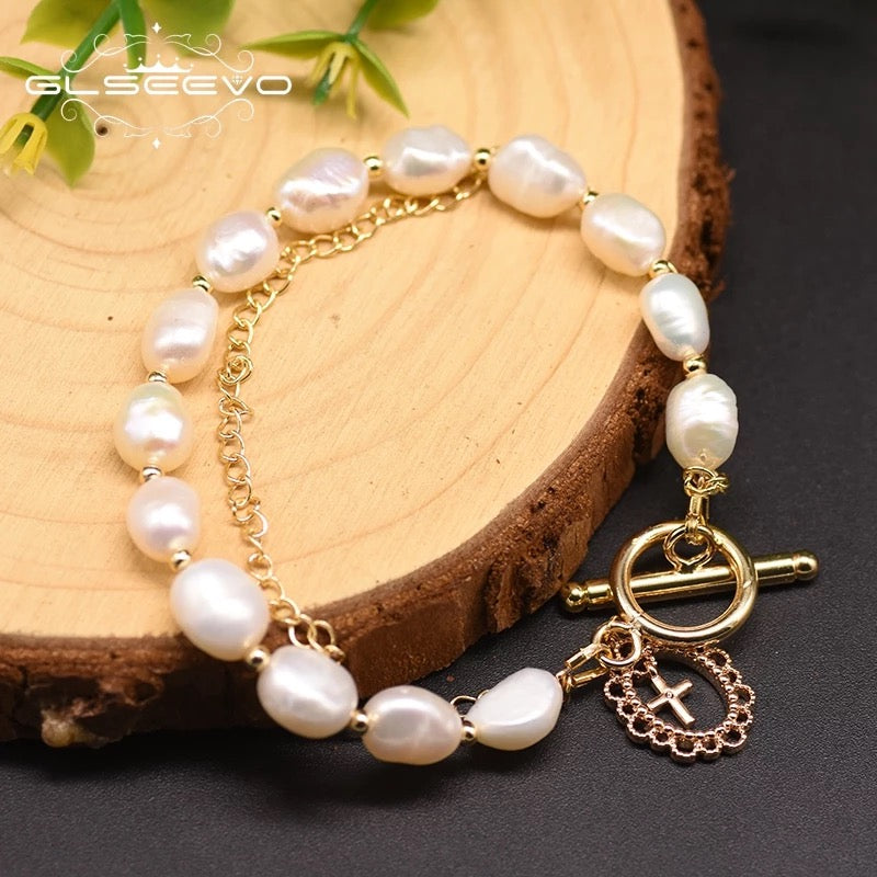 New Design Fashion Gold Plated OT Clasp Natural Baroque Pearl Bracelet For Women's