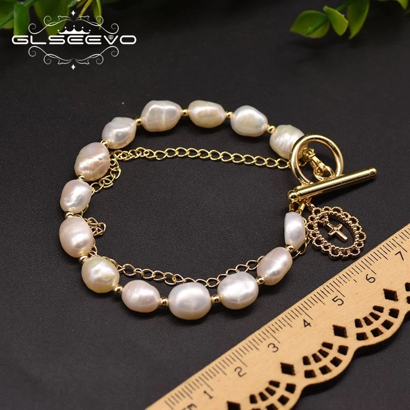 New Design Fashion Gold Plated OT Clasp Natural Baroque Pearl Bracelet For Women's