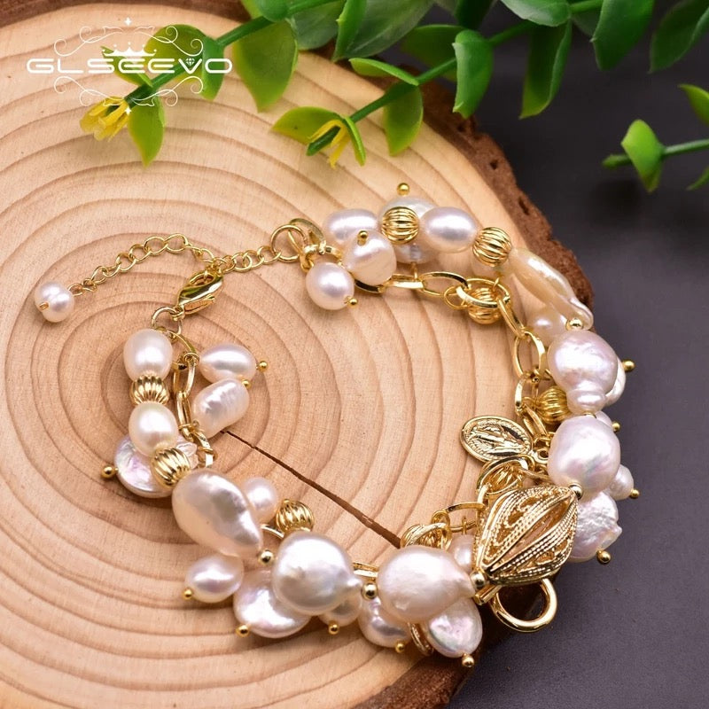 Beautiful 18K Gold Plated Fresh Water Pearl Charm Tear Drop Adjustable Bracelet