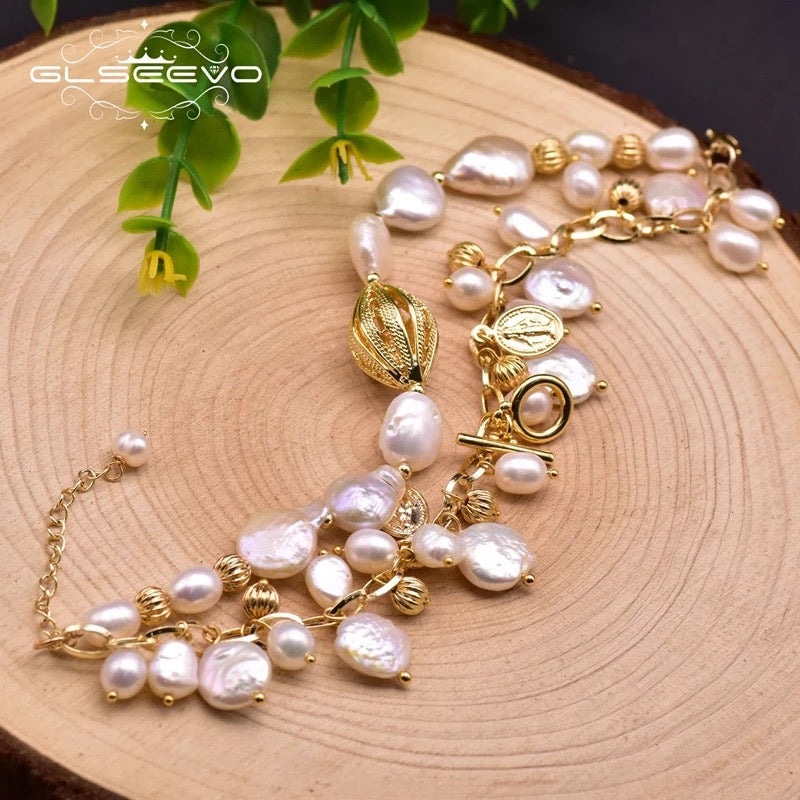 Beautiful 18K Gold Plated Fresh Water Pearl Charm Tear Drop Adjustable Bracelet