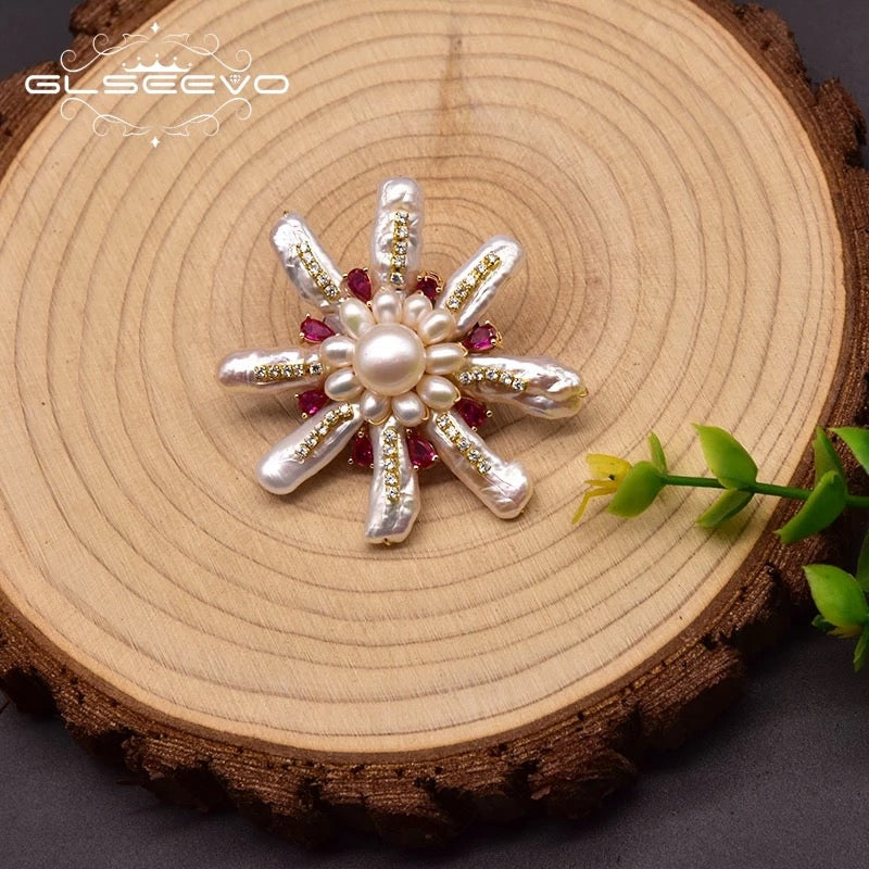 New Design Floral Design Pearl And Red & White Zircon Crystal Brooch For Women