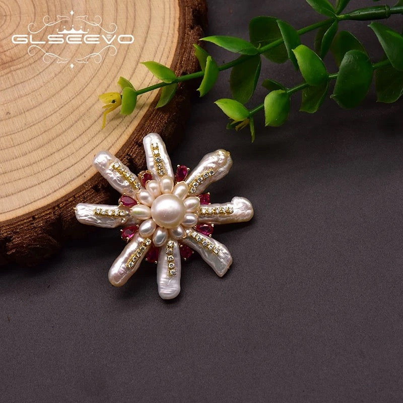 New Design Floral Design Pearl And Red & White Zircon Crystal Brooch For Women