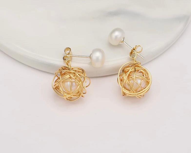 Miracle Heals Women's Golden Wireball Caged White Pearl Stud Earings