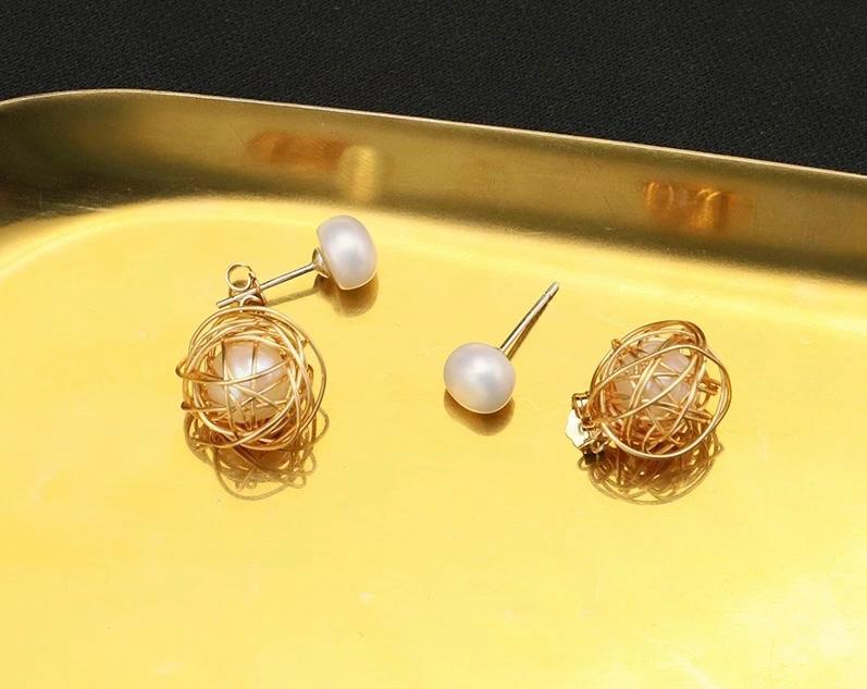 Miracle Heals Women's Golden Wireball Caged White Pearl Stud Earings